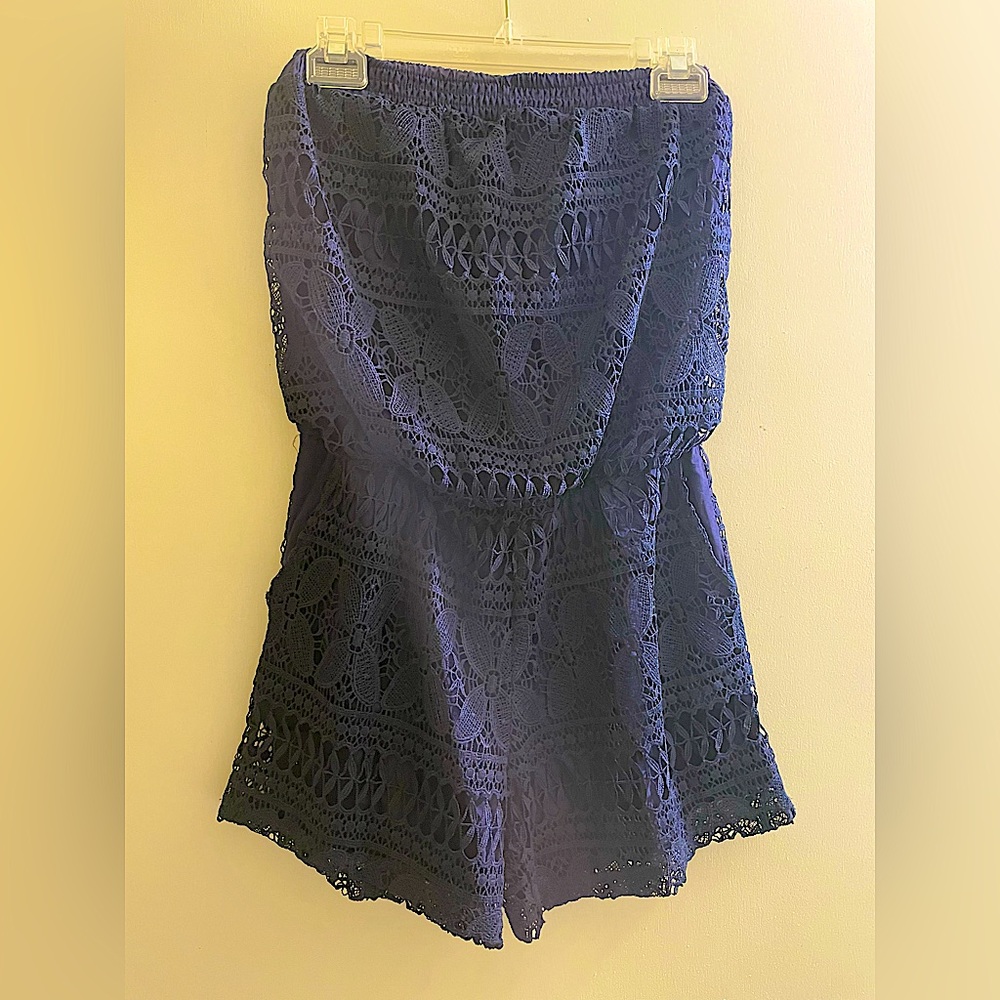 Strapless navy crochet style romper